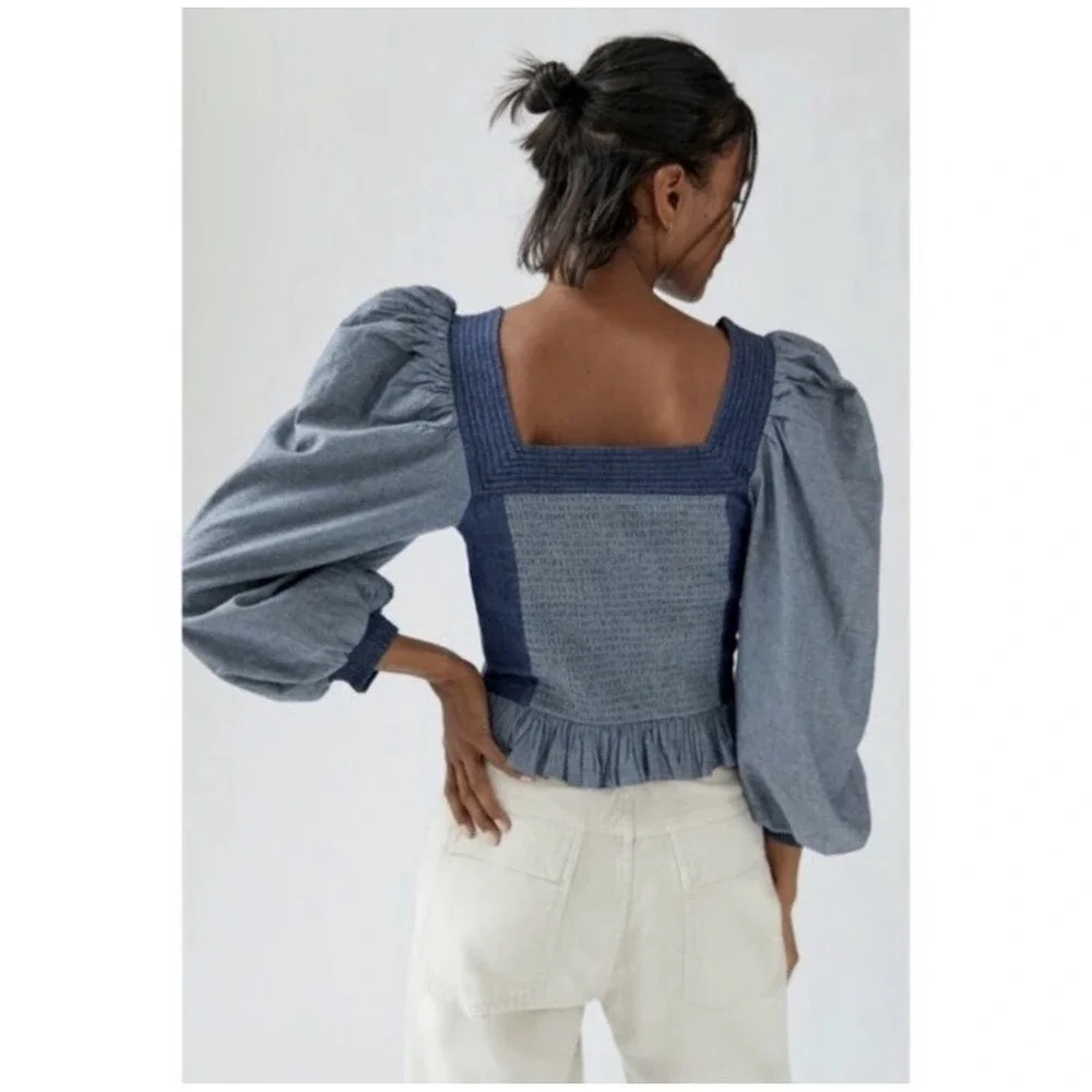 Anthropologie x‎ Love the Label Smocked Puff-Sleeve Blouse Top S Denim Blue Boho - Picture 3 of 12